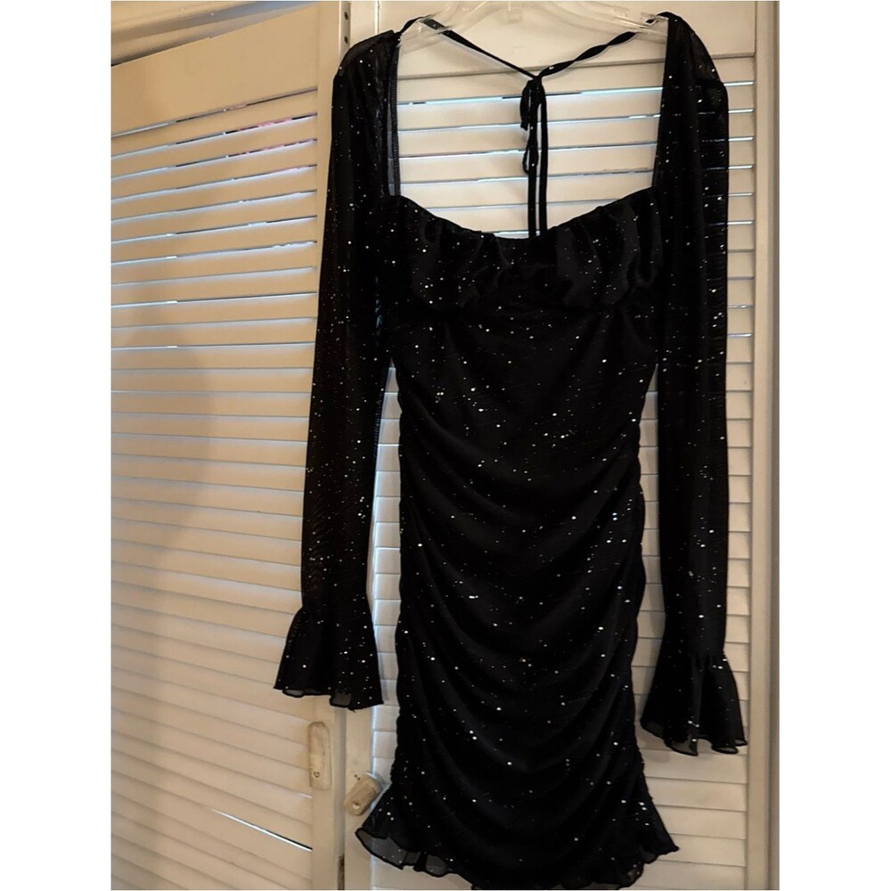 Black Sparkle Long-Sleeve Ruched Dress with Square Neck